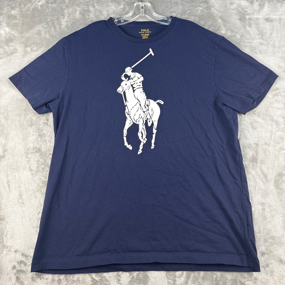 Polo Ralph Lauren T-Shirt Mens L Classic Fit Navy Big Pony Graphic EUC